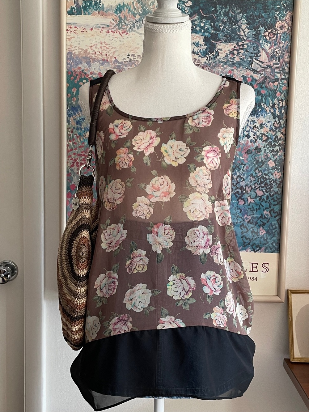 Moa Moa Tank Top Small Brown Floral Chiffon Hi-Low Sheer Boho Fairy Whimsy Y2K